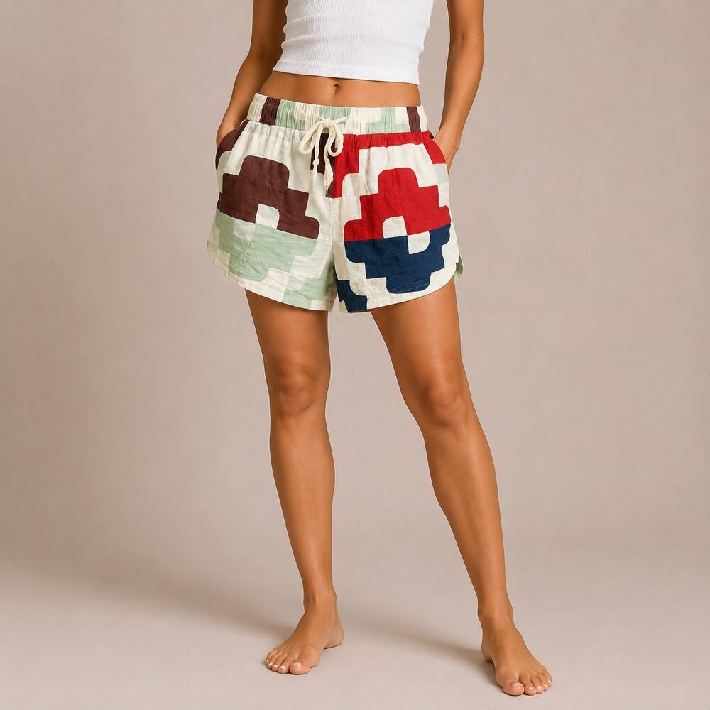 Sea New York Quilted Patchwork Womens Shorts Size XL White Cotton Geometric